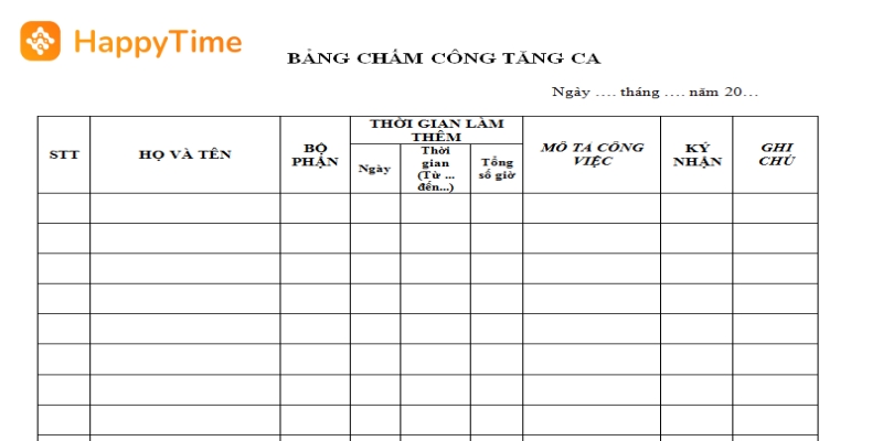 Mẫu chấm công tăng ca, làm thêm giờ 