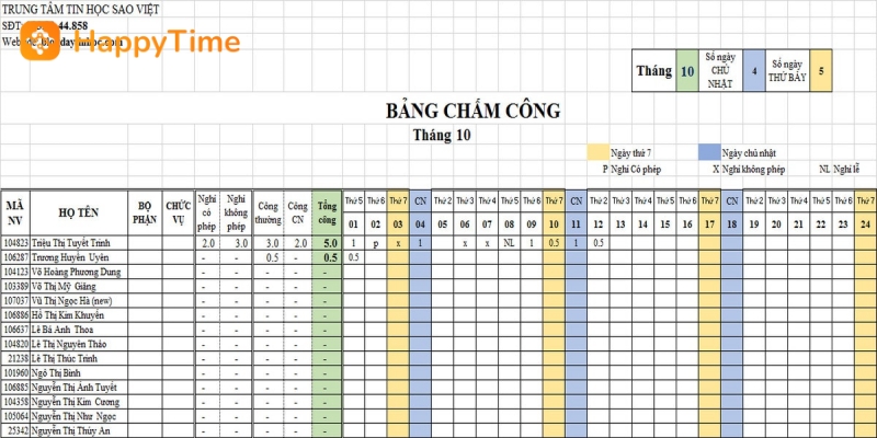 Mẫu bảng chấm công nhân viên cho doanh nghiệp