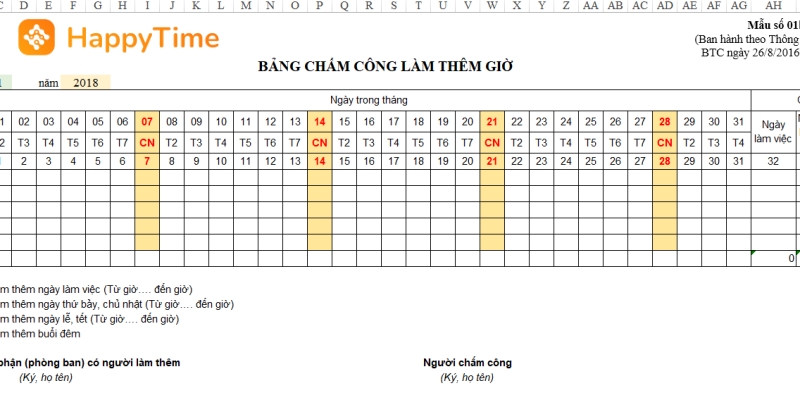 Mẫu chấm công làm thêm giờ chuẩn