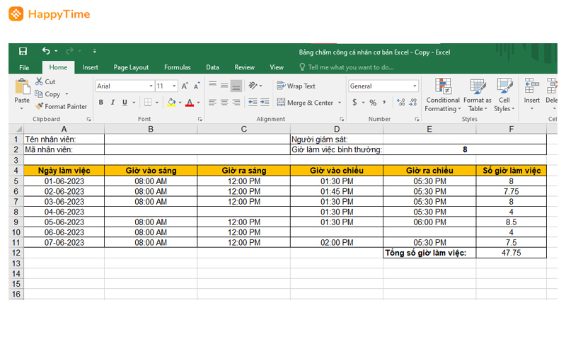 Bảng chấm công cá nhân sáng chiều trên Excel hoàn chỉnh