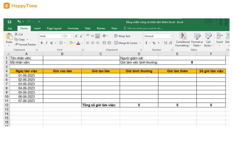 Cấu trúc bảng chấm công tăng ca cho cá nhân trên Excel