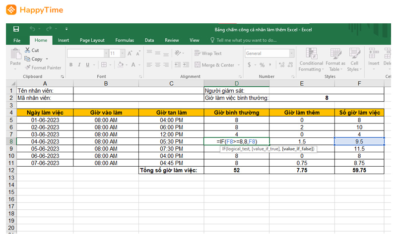 Nhập hàm Excel để tính giờ làm việc bình thường và giờ tăng ca