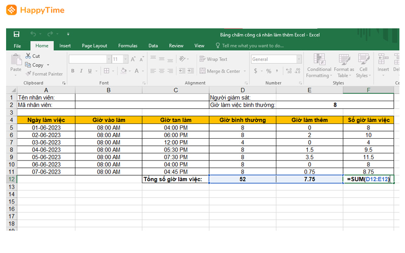 Sử dụng hàm SUM để tính tổng giờ làm việc cá nhân trên Excel