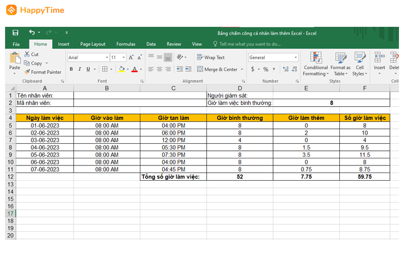 Bảng chấm công tăng ca cho cá nhân hoàn chỉnh trên Excel