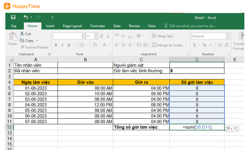 Tính tổng giờ làm trên Excel