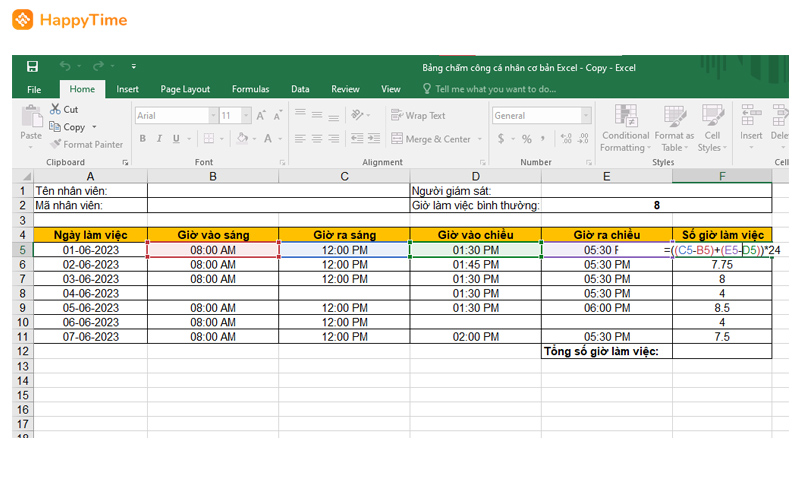 Công thức tính tổng giờ làm việc trên Excel