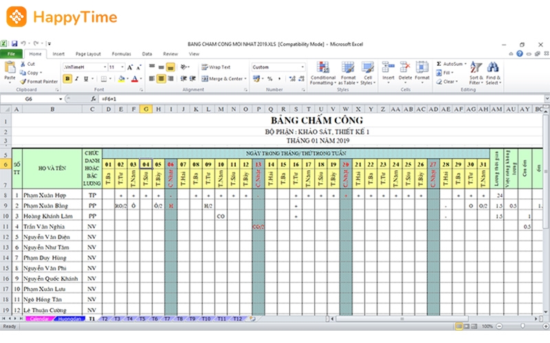 Mẫu bảng chấm công Excel cho toàn công ty