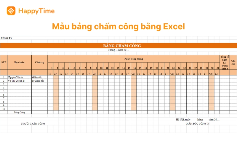  Mẫu bảng chấm công hằng ngày được tạo bằng Excel 