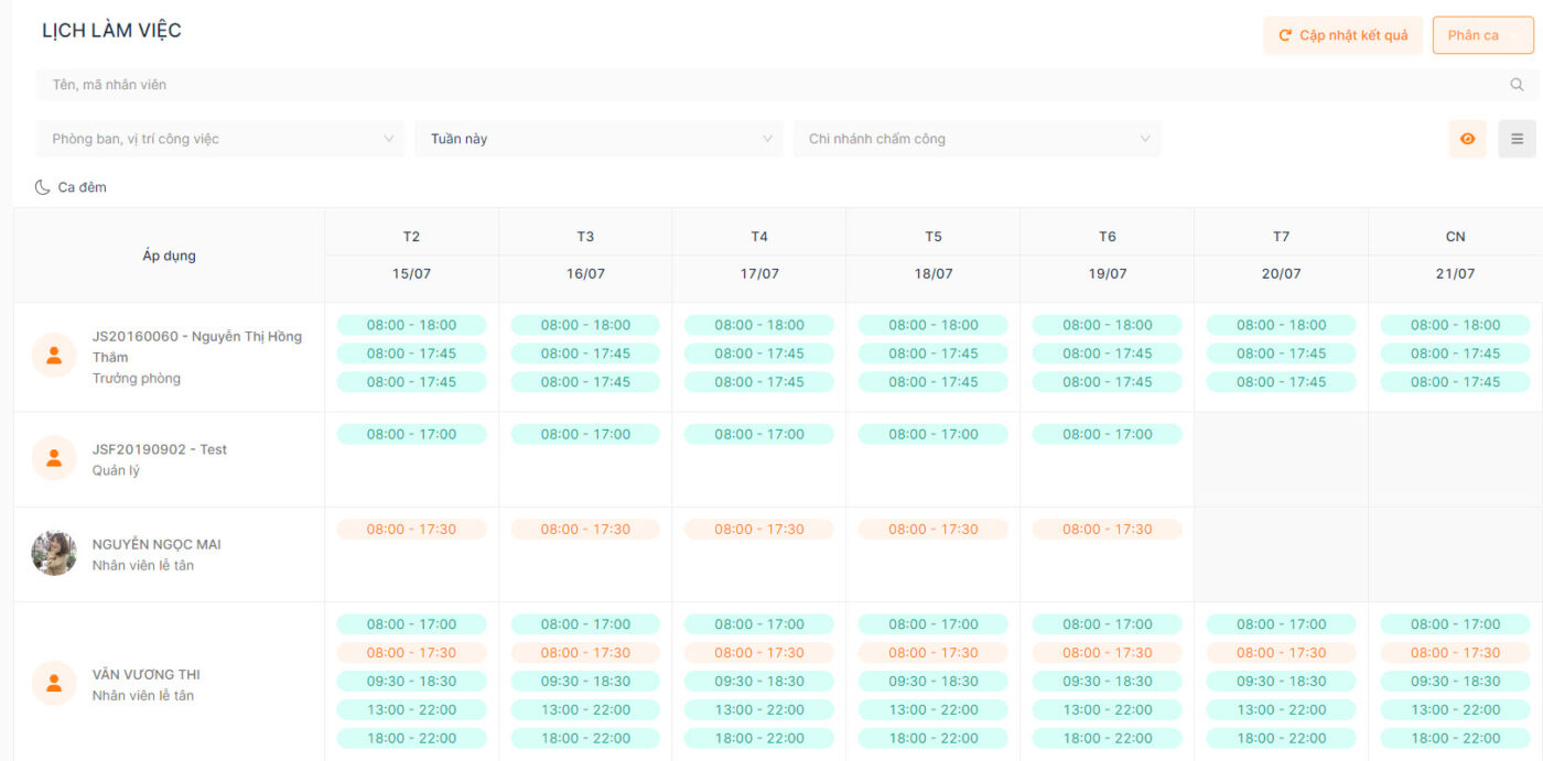  Giao diện tính năng quản lý và phân ca làm việc của HappyTime