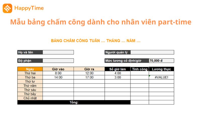 Mẫu bảng chấm công dành cho nhân viên làm việc part-time