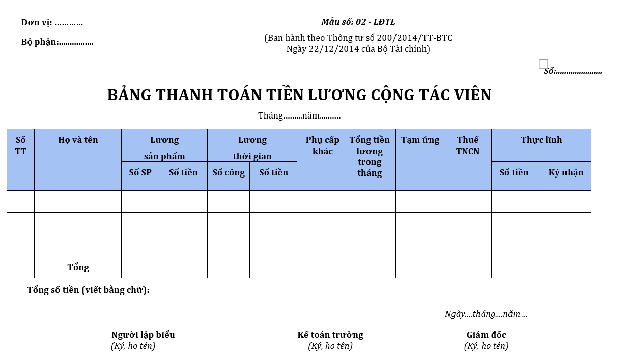 Form mẫu bảng lương dành cho vị trí cộng tác viên