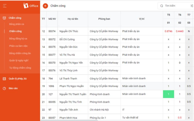Giao diện phần mềm chấm công 1Office