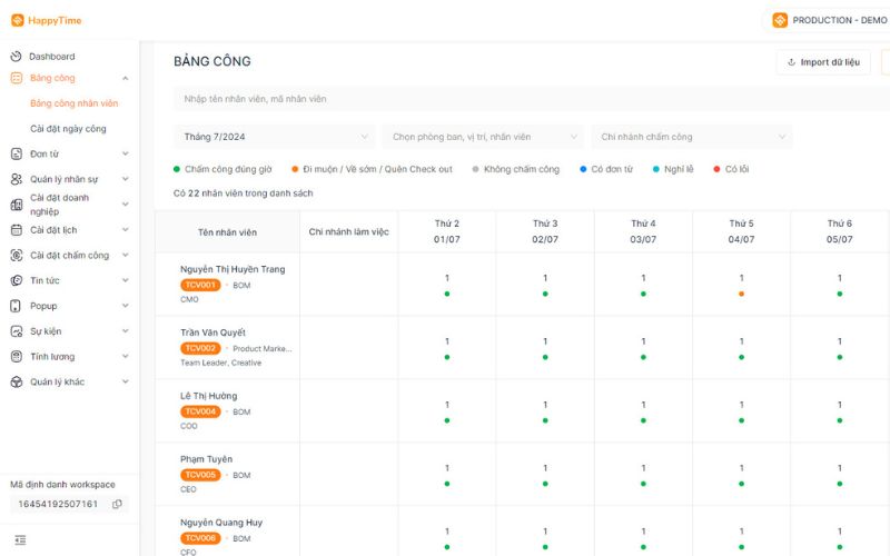 Giao diện bảng công của phần mềm HappyTime