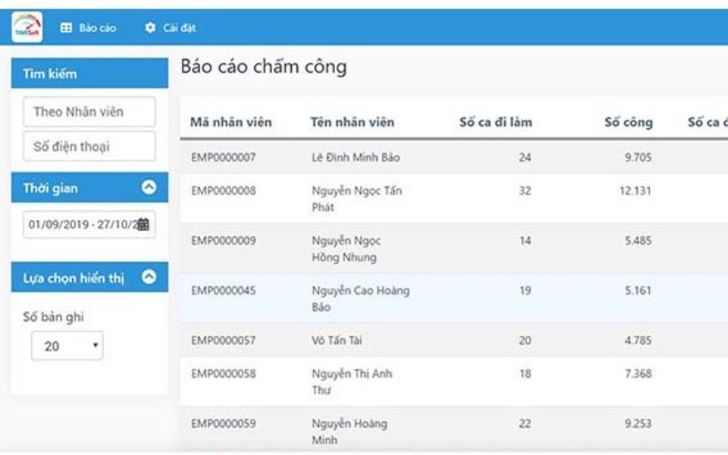 Giao diện báo cáo chấm công trên phần mềm Timesoft